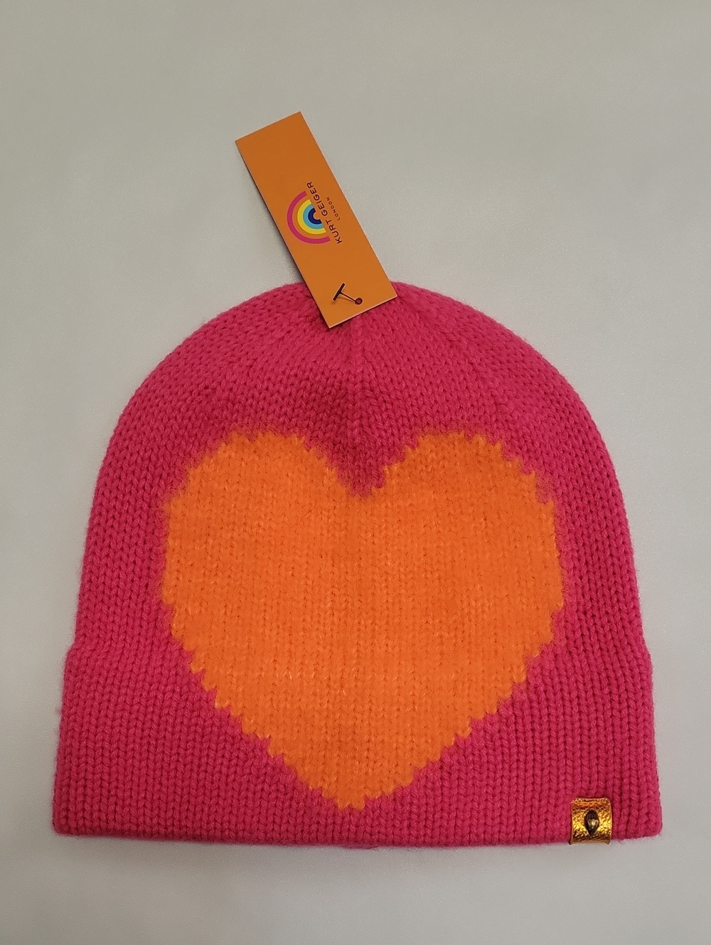 NWT Kurt Geiger London Intasia Heart Beanie Hat Fuchsia & Orange One Size